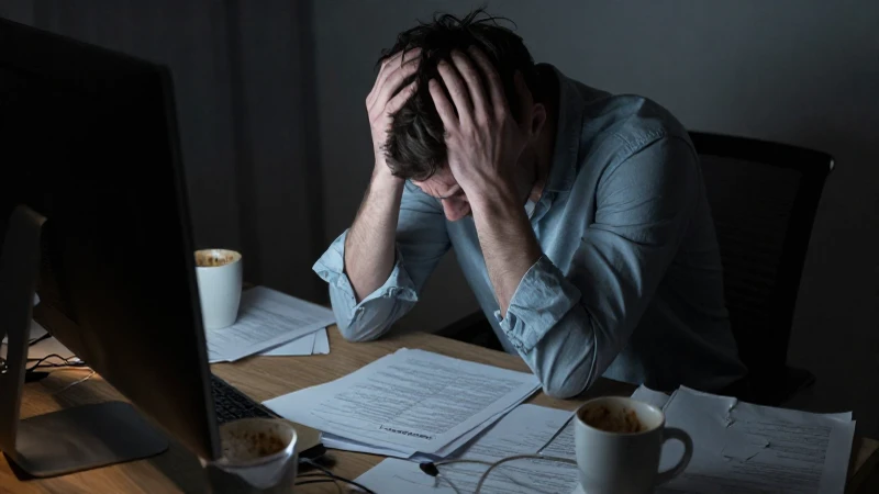 Trabajo remoto frustrante, escritorio desordenado, soledad