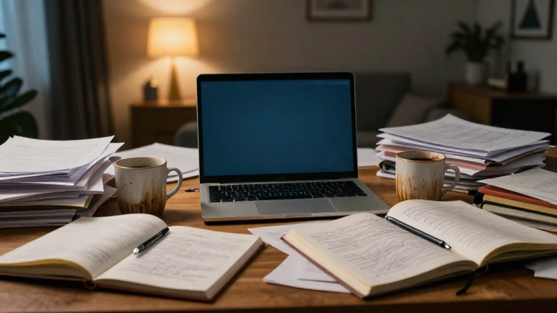 Carrera global, desk desordenado, confusión profesional